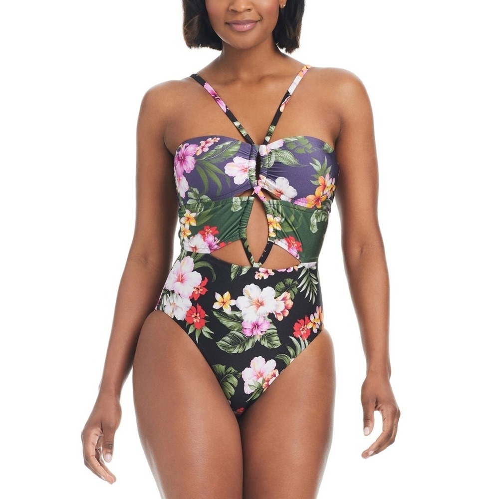 BAR III Tropical Heat Womens Floral One Piece Swimsuit Padded Multi Color Size M